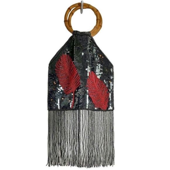 Vintage‎ Retro Womens Sequin Beaded Bamboo Handle Fringe Handbag Black Maroon OS - Picture 1 of 10